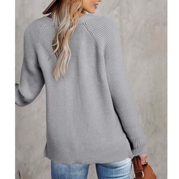 Gray Long Sleeve V-Neck Oversized Ribbed Knit Cozy Relaxed Fit Sweater XL - Picture 3 of 10